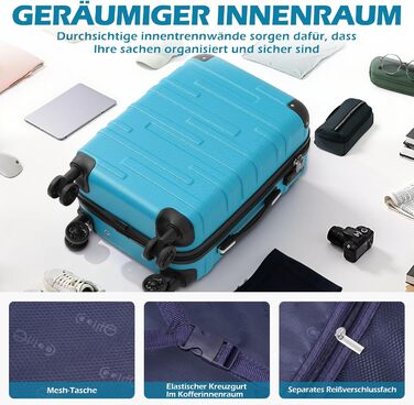 Валіза COOLIFE з ABS пластику, розширювана, з TSA замком та 4 колесами, туркіс-зелена, для ручної поклажі