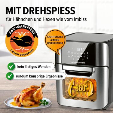 Gourmetmaxx Digital Hot Air Fryer 12 L, XXL Stainless Steel Oven | Air Fryer + Timer, Touch Display, Rotisserie | Low-Fat, Energy-Saving Frying | 10 Programs including Pizza | 1800 W
