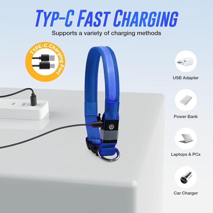 Світлодіодне нашийник для собак Jewyow 7-в-1, багатоквітний, USB-C, водонепроникний, для малих, середніх та великих собак - Синій, M