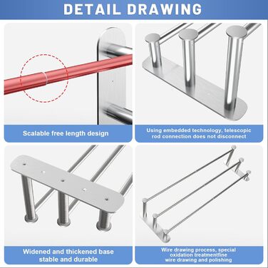 Тримач для рушників Lannvan без свердління, висувний 37-70см, нержавіюча сталь, для ванної кімнати та кухні, 2 способи встановлення, сріблястий