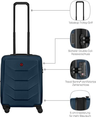 WENGER Pryo Hard Shell Suitcase with 4 Wheels, Trolley, Medium, 59 (67) L, Security Lock, for Men, Travel Vacation, 612537 (Blue, Carry-On)
