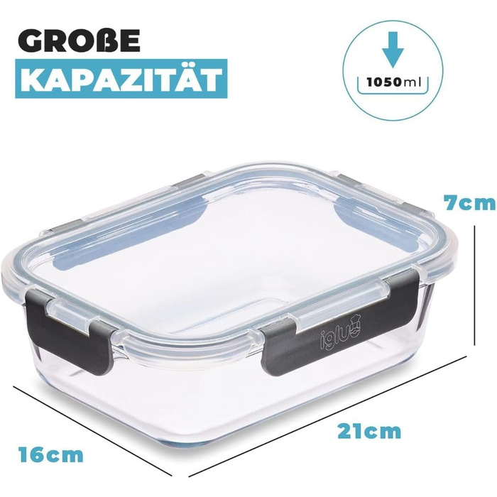 Набір контейнерів для їжі Igluu Meal Prep (5 шт.) – 1050 мл, Borosilikatglas, мікрохвильовка, духовка, морозильник, посудомийна машина, витікання