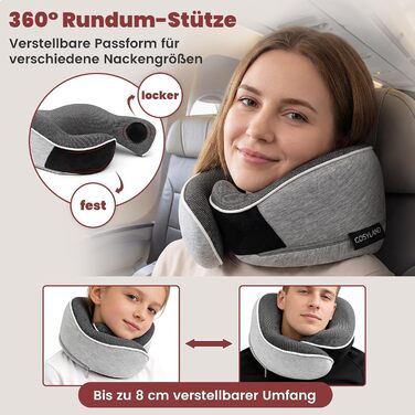 Подушка для подорожей COSYLAND з Memory Foam 360° - для літака та авто, з маскою для сну та берушами, сіра, ергономічна