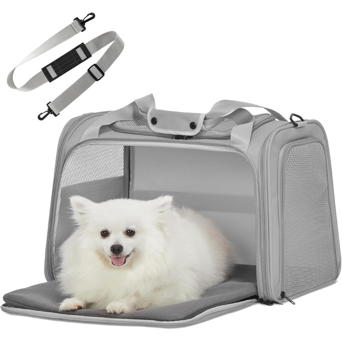 Транспортна переноска для котів та маленьких собак Petfit, сіра, L - легка переноска для подорожей літаком з ремінним кріпленням та розширюваним килимком