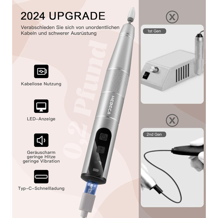 Електричний набір для манікюру та педикюру 12 в 1 бездротовий для гелевих, акрилових та натуральних нігтів (сірий)