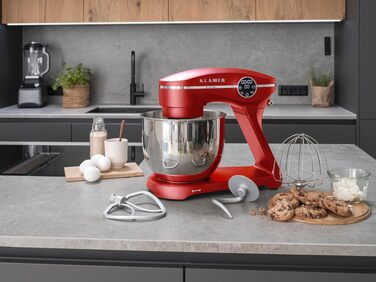 Кухонний комбайн-міксер KLAMER 1800W, планетарний міксер для тіста з чашею з нержавіючої сталі 6л, червоний