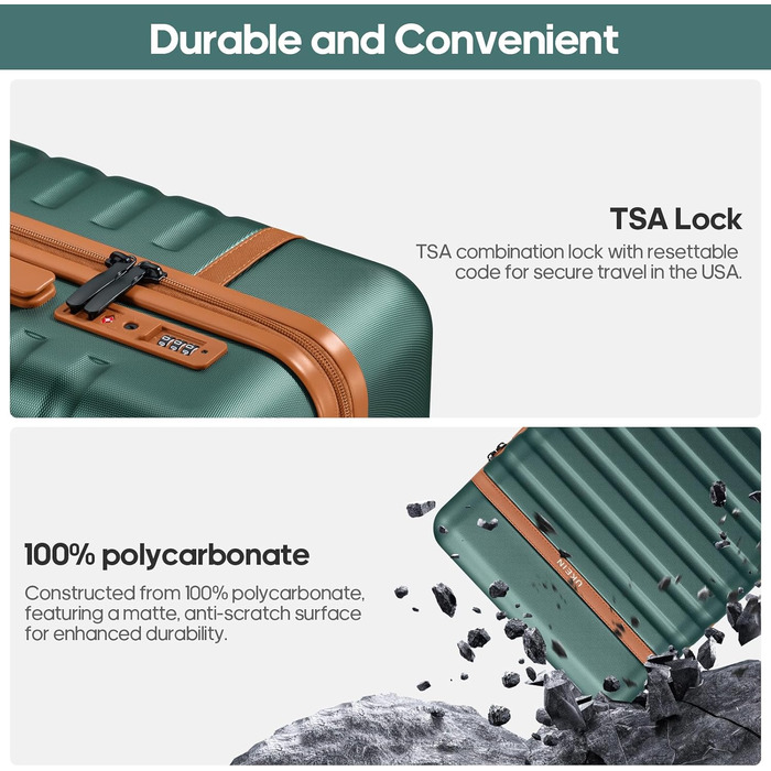 Набір валіз UKEIN 3 шт. з PC корпусом, міцний дорожній набір, ручна поклажа з TSA замком, 4 спіннер колеса, рюкзак та косметичка (3 шт.) (Темно-зелений)