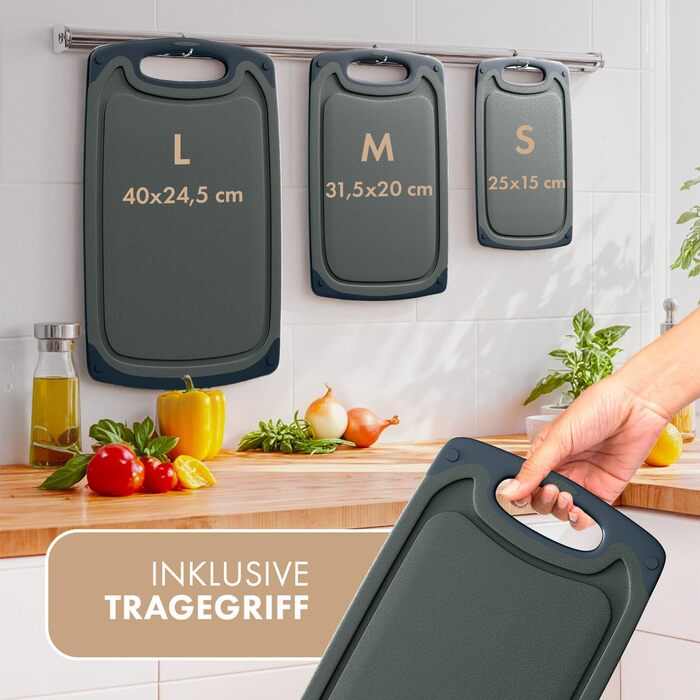 Набір обробних дощок Blumtal 3 шт. (S/M/L) - пластикові, з жолобками для соку та ручкою, BPA free, придатні для миття в посудомийній машині
