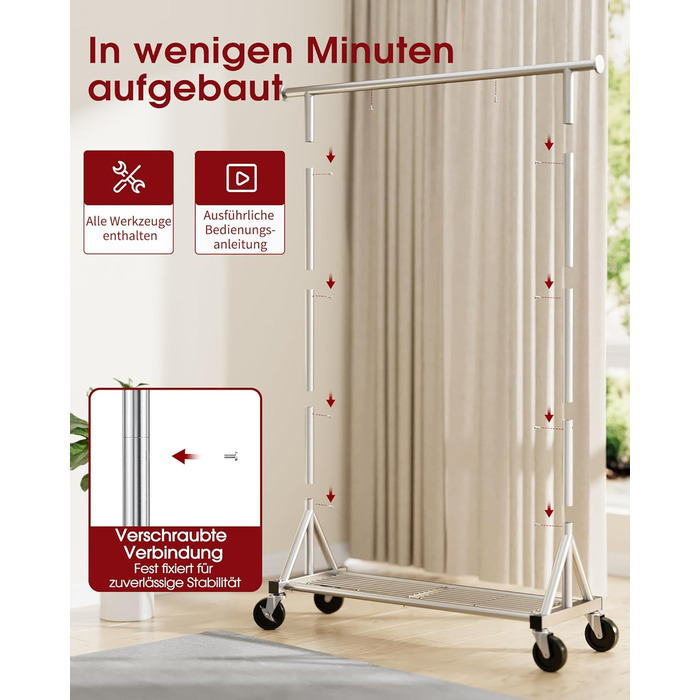 Стійка для одягу на колесах – міцна вішалка для одягу з металевої сітки, багатофункціональна стійка для гардеробу в спальню, пральню, магазин, 110 x 42 x 163.3 см, срібна