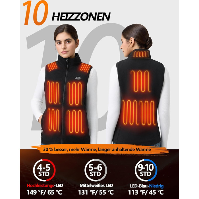 Електрична гріюча жилетка Topdot для жінок з флісу з Powerbank 7.4V 16000mAh, 10 зон нагріву, 3 температурні режими, для велоспорту, кемпінгу та outdoor-робіт, чорна, розмір M