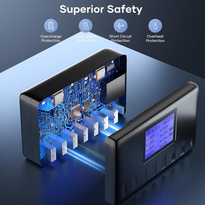 Зарядний пристрій USB 60W, 8 портів, з LCD дисплеєм, USB-C Hub для iPhone, iPad, Android, Samsung, Huawei, Kindle - Чорний