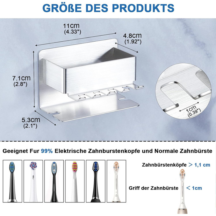 Тримач для зубних щіток настінний, для електричної зубної щітки, органайзер для насадок, срібний, без свердління