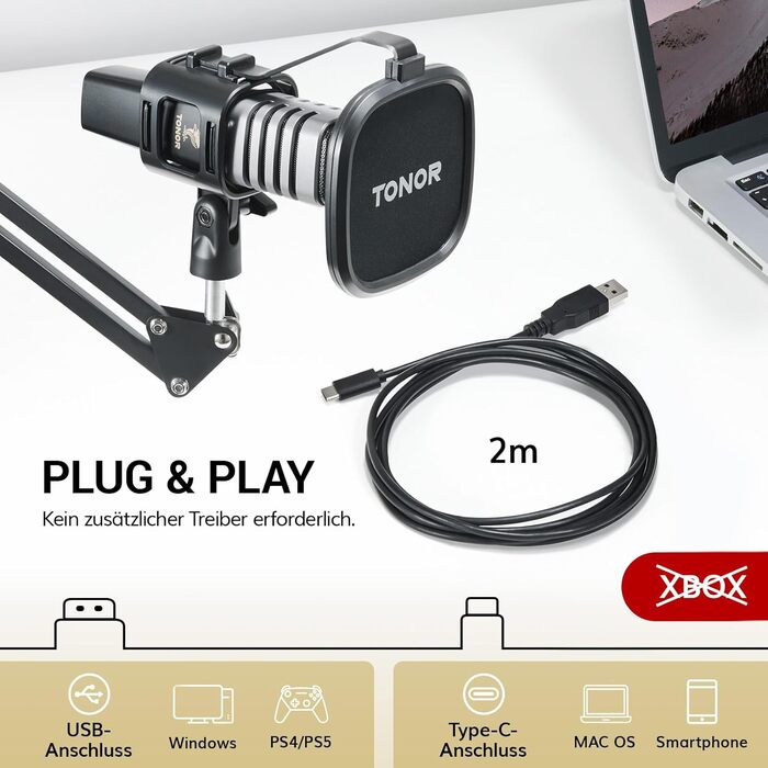 USB мікрофон TONOR TC30 з підставкою, поп-фільтром та мікрофонною павутиною для стримінгу, подкастингу та запису голосу. Сумісний з ПК та ноутбуком