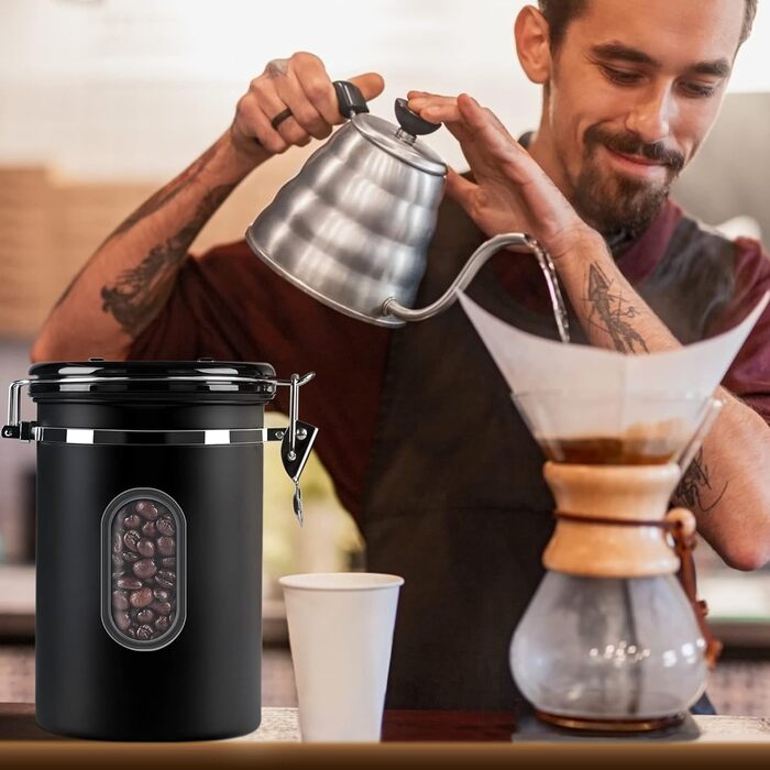 Контейнер для кави Rocky & Chao 1.8L з нержавіючої сталі, герметичний, для кавових зерен, чаю, горіхів, какао (Чорний)