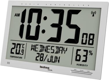 Technoline WS 8013 - digital, modern designer XL radio wall clock, slim frame, temperature display, JUMBO LCD display, 37 cm x 27 cm, silver