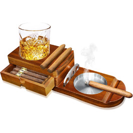 Wooden cigar ashtray, ashtray with whiskey tray and cigar holder + 1 cigar cutter, cigar humidor box with wine holder, for home, office or bar, men's birthday anniversary.