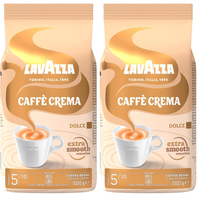 Кава в зернах Lavazza Caffè Crema Dolce, суміш арабіки та робусти для еспресомашин, середній обсмал, інтенсивність 5/10, 1 кг (набір 2 шт)