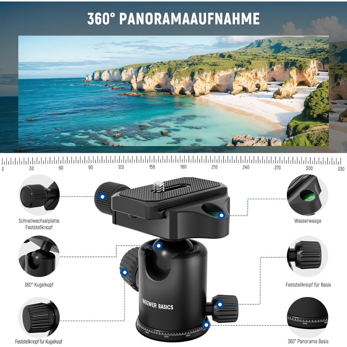 Штатив для камери NEEWER Basics з моноподом, 71' (22 см) з алюмінію, важкий, портативний, для подорожей, DSLR, мобільний телефон, 360° кульова головка, кріплення для телефону, сумісний з iPhone, для зйомки відео