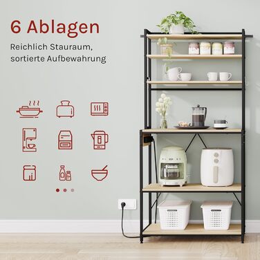 Кухонна полиця WOLTU з 6 ярусами, з розетками, мікрохвильова полиця з 6 гачками, полиця для пекаря з металевим каркасом, регульовані полиці, Чорний+Рустикальне коричневе, 60 x 167 x 40 см (Чорний+світлий дуб, 80 x 39,5 x 167 см)