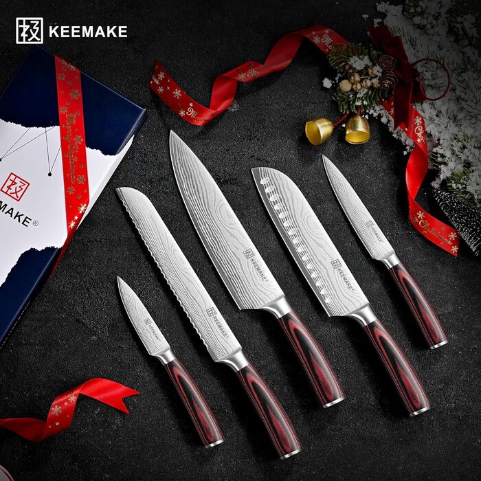 Професійний набір кухонних ножів KEEMAKE (5 предметів) з гострої нержавіючої сталі та ручкою з паккавуда, включаючи ніж сантоку та ніж для хліба, у подарунковій коробці