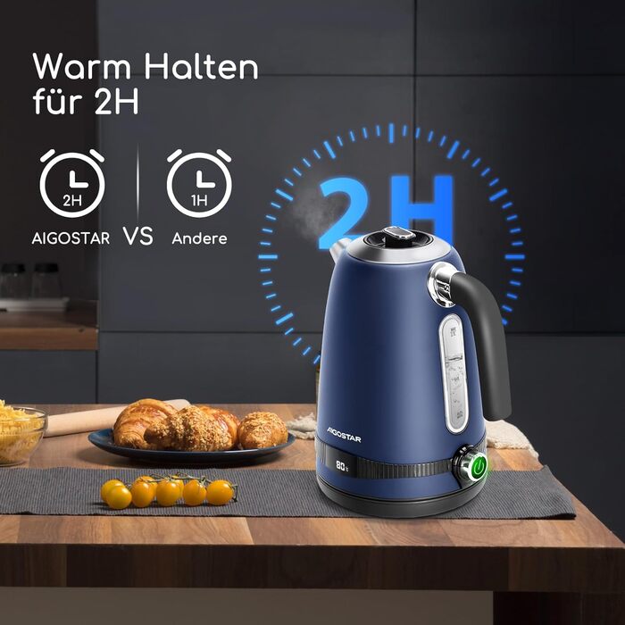 Електричний чайник Aigostar з регулюванням температури, 1,7 л, ретро-дизайн, матове покриття, цифровий дисплей, функція підтримки тепла, без пластику всередині, BPA-free (темно-синій)