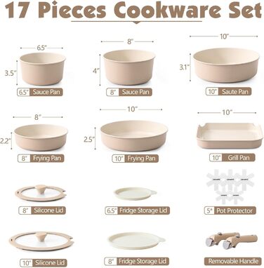SENSARTE 17-Piece Ceramic Nonstick Cookware Set with Detachable Handle - Induction Compatible, Dishwasher Safe (Beige)