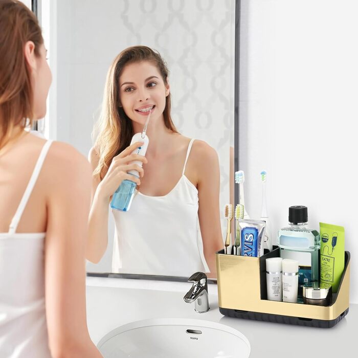 Тримач для зубних щіток у ванну кімнату: органайзер з отвором для стоку, для електричної та звичайної щітки, сірий (Brushed Gold)