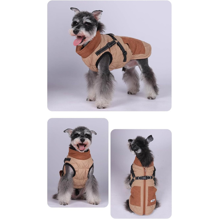 Dog coats with harness, winter warm jacket windproof pet clothing with pocket design snowsuit dog coats for small to medium dogs (M, Khaki)