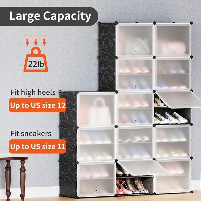 Plastic shoe cabinet, DIY simple shoe rack, narrow, with door, steel frame, stable, for hallways, bedrooms, entrance areas, White with transparent door, 2 * 6 (Black, 2x8)
