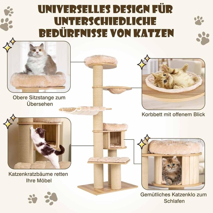 Дерев'яний кігтечка Costway 197 см з гамаком, будиночком та кошиком для котів, 7-ярусний, бежевий