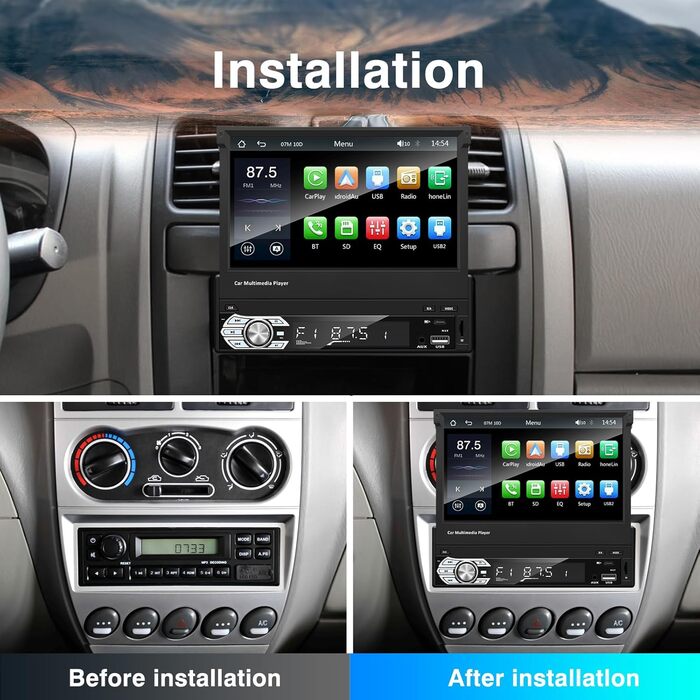 EZoneTronics 7-дюймове 1DIN автомагнітола з CarPlay/Android Auto, сенсорний екран, Bluetooth, підтримка SWC, Mirror Link, еквалайзер, FM/RDS, USB Type-C, AUX, TF-карта, камера заднього виду CW0013