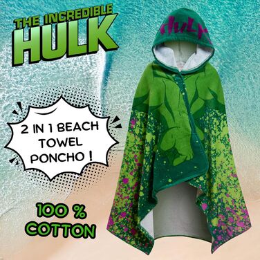 Marvel Incredible Hulk Hooded Towel 100% Cotton Kids Poncho Avengers Beach Towel Bath Towel Swim Cover-up