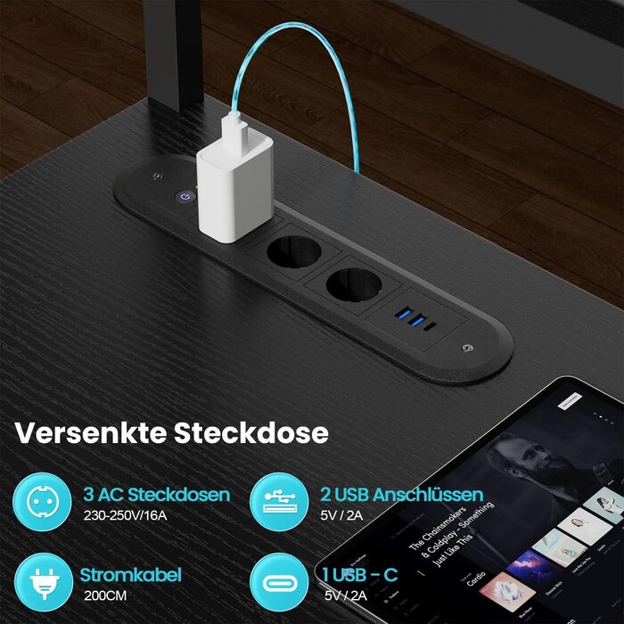 Ігровий стіл кутовий 150x100 см з 3 розетками та 2 USB, реверсивний, з LED підсвічуванням, з ящиками та підставкою для монітора, чорний