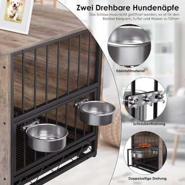 Дерев'яна собача будка/переноска для дому, 93x64x58 см, з піддоном та мисками, для собак середніх та маленьких порід (до 40 кг), білий/сірий колір