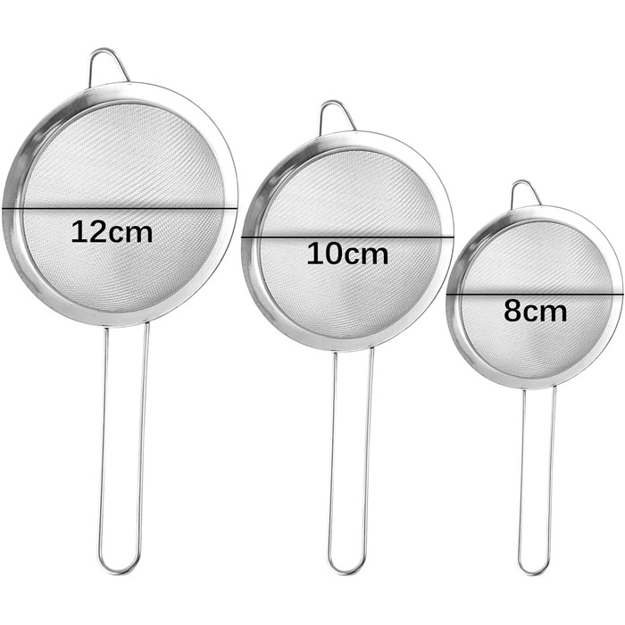 Набір сит з нержавіючої сталі Hinapan (3 шт.), дрібний профіль, стабільні ручки, 3 гачки, придатні для миття в посудомийній машині, ідеально підходять для борошна, рису, кіноа, чаю та макаронів