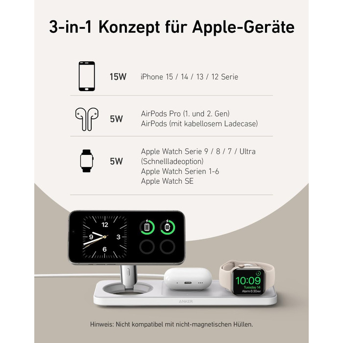 Складана бездротова зарядна станція Anker MagGo 3-в-1 Qi2 15W для iPhone 17/16/15/14/13/12, Apple Watch Ultra та AirPods Pro (з адаптером USB-C та кабелем)