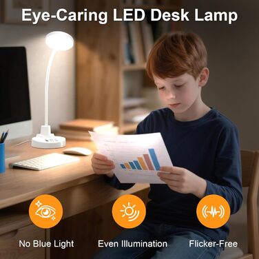 LED лампа настільна 15W з USB-A та USB-C – диммування, 3 колірні температури, 5 рівнів яскравості, таймер, гнусий 360° шийка, захист очей, для офісу та спальні (біла, 3.5 дюйма)