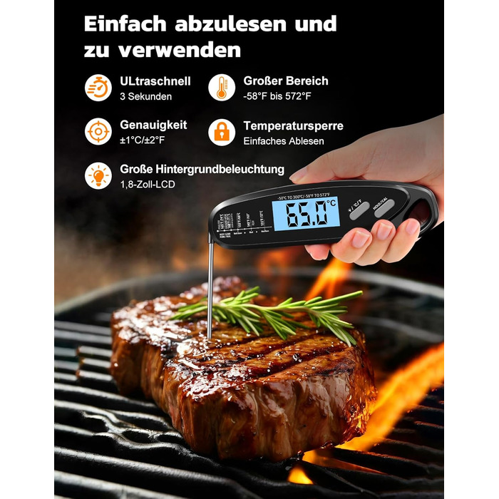 Термометр для м'яса Babacom з миттєвою індикацією та двома зондами, термометр для запікання з налаштуванням тривоги та калібруванням, термометр для гриля для кухні, духовки, цукру, рідин, BBQ, чорний