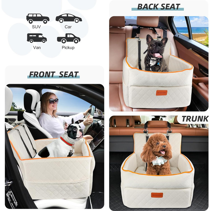 Washable Dog Car Seat for Small to Medium Dogs with Leash & Storage Pockets - Elevated Dog Bed for Back or Front Seat