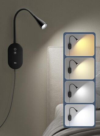 Нічна LED лампа для читання Wandleuchte з USB, 5 рівнів яскравості, сенсорне управління, гнучкий кронштейн, автовимкнення (Чорна)