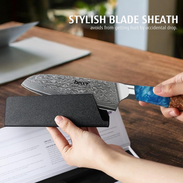 Японський ніж Hecef Damast з високоякісною ручкою з харчової смоли, 20 см. Професійний ніж для кухні з 67 шарів дамаської сталі, гострий, з захистом для леза. Ідеальний подарунок шеф-кухарю та поціновувачу кулінарії.