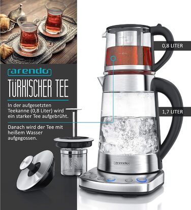 Arendo - Glass Water Kettle with Temperature Setting and Tea Strainer - Electric Kettle in Stainless Steel - Temperatures 70, 80, 90, 100 Degrees - 1.7 Liter - 2400 Watt - Keep Warm Function - BPA Free