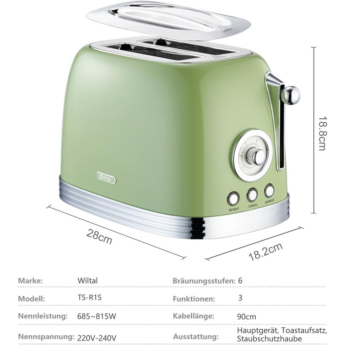 Електричний чайник та тостер-сет Retro з нержавіючої сталі, 2200 Вт, 1.8 л, для чаю, кави, дитячого харчування, без BPA, зелений