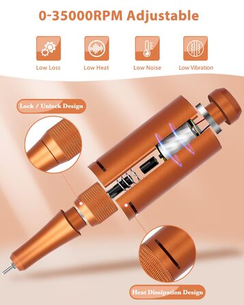 Професійний фрезер для нігтів ENGERWALL 35000 об/хв, акумуляторний, для гелю та акрилу, електричний, манікюрний набір з 7 насадками та 56 шліфувальними стрічками, темно-срібний