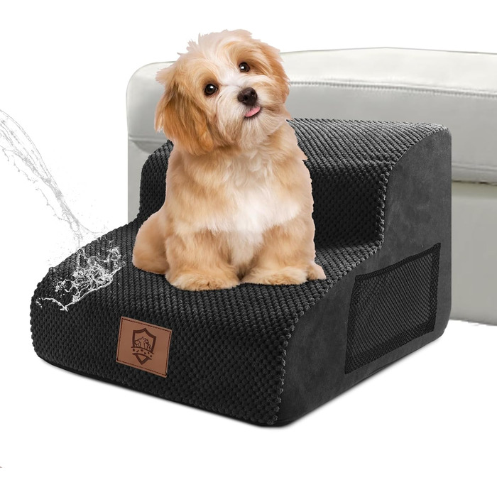 Dog Stairs, Pet Stairs, Foam Dog Stairs, Washable Non-Slip Cat Stairs, Dog Stairs for Small Dogs and Cats, Portable Dog Ramp for Bed, Couch and Car (2-Step Dog Stairs, Black)