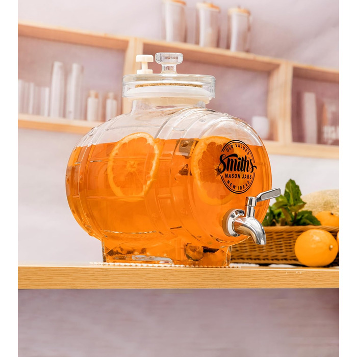 Smiths Mason Jars 5L Refrigerator Water Dispenser with Steel Tap and Glass Lid - Easy pouring with metal tap and space-saving design - ideal for infused waters and juices