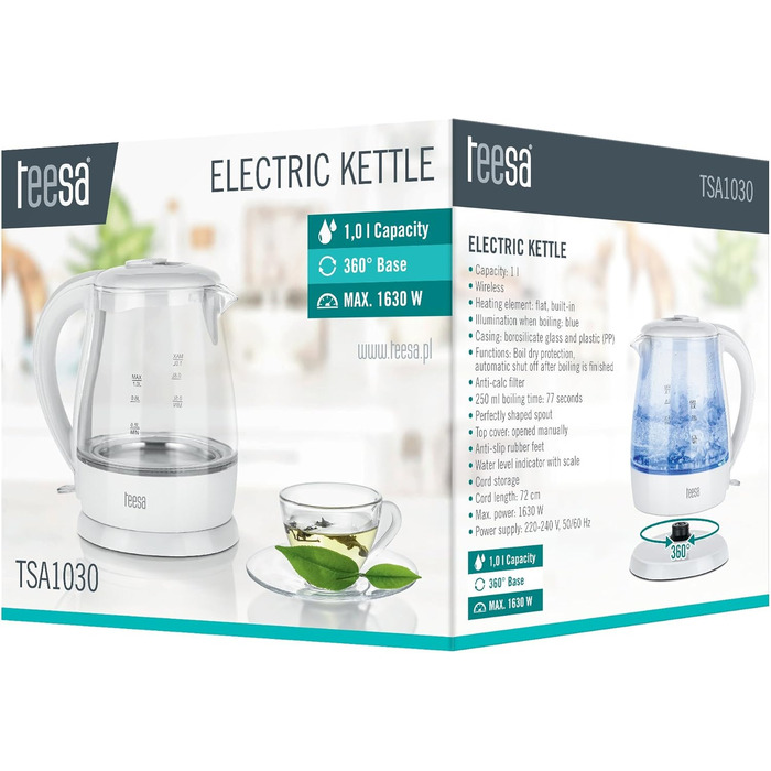 Бездротовий електричний чайник TEESA 1L, TSA1030B, білий