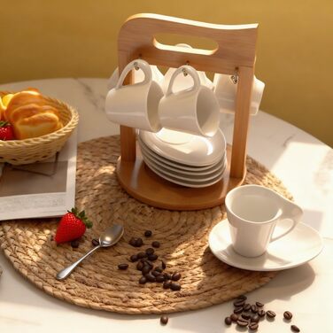 Набір еспресо-чашок з дерев'яним підставкою, 6 шт. по 80 мл, порцеляна, товстостінні, з підставками, для 6 осіб