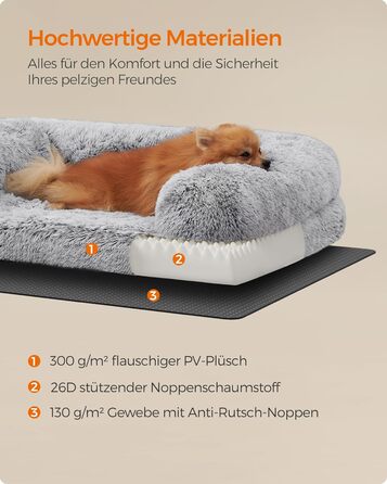 Feandrea FluffyHug лежанка для собак, розмір M, м'яка подушка для собак, килимок для мініатюрних та маленьких собак, лежанка-софа з ноппенового пінополіуретану, знімний та пральний чохол, 76 x 58 x 19 см, Ombré-Grey PGW231G01V1 M