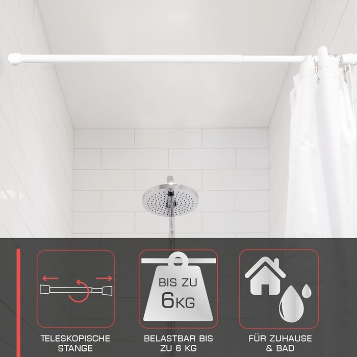 Телескопічна штанга для душу без свердління, 140-260 см, регульована – штанга для карнизів, що кріпиться без свердління, протиковзна, для душу, біла